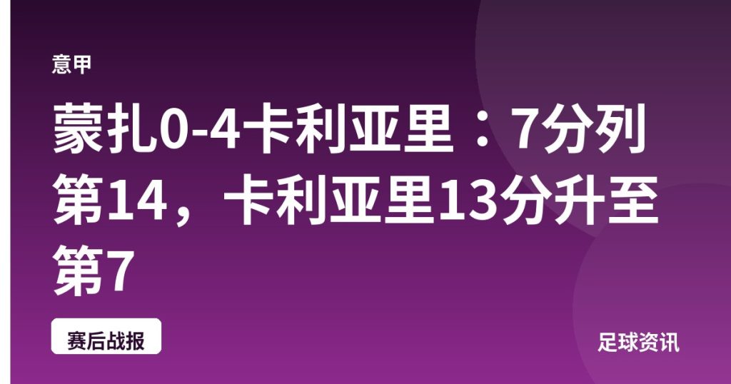 蒙扎0-4卡利亚里：7分列第14，卡利亚里13分升至第7